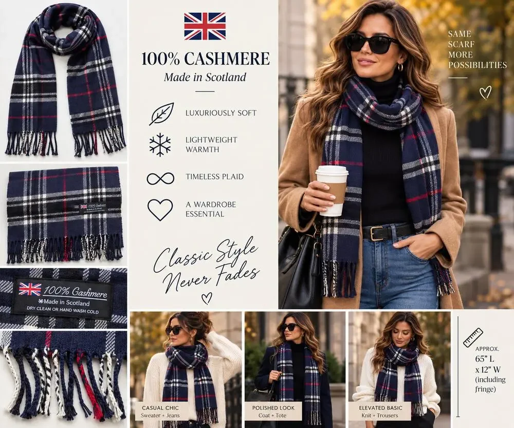 100% Cashmere Scarf Made in Scotland Navy Plaid Fringe 65